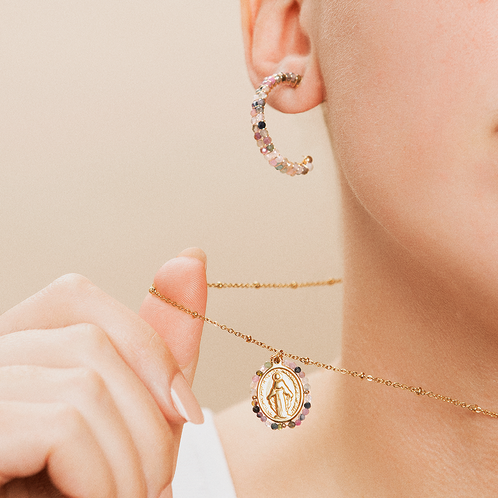 Collar Medalla Virgen de la Milagrosa Turmalina Gold